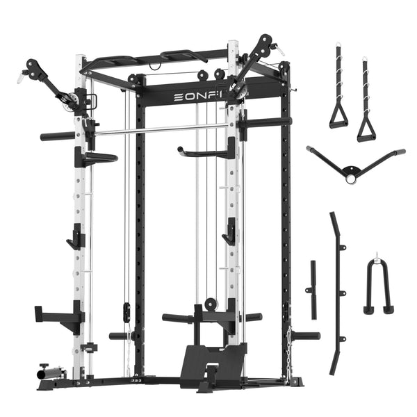 EonfitOmni Smith Machine 1200 LBS Power Cage Squat Rack with Smith Bar and Adjustable Cable Crossover System Multi-Function Power Cage Rack with Lat Pull Down Machine for Home Gym